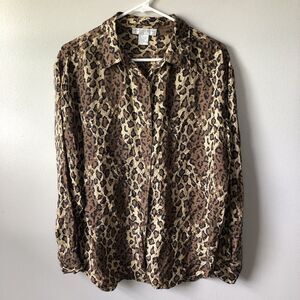 Jane Yeahna Button Up Shirt Womens Medium Brown Leopard 100% Silk Blouse Career